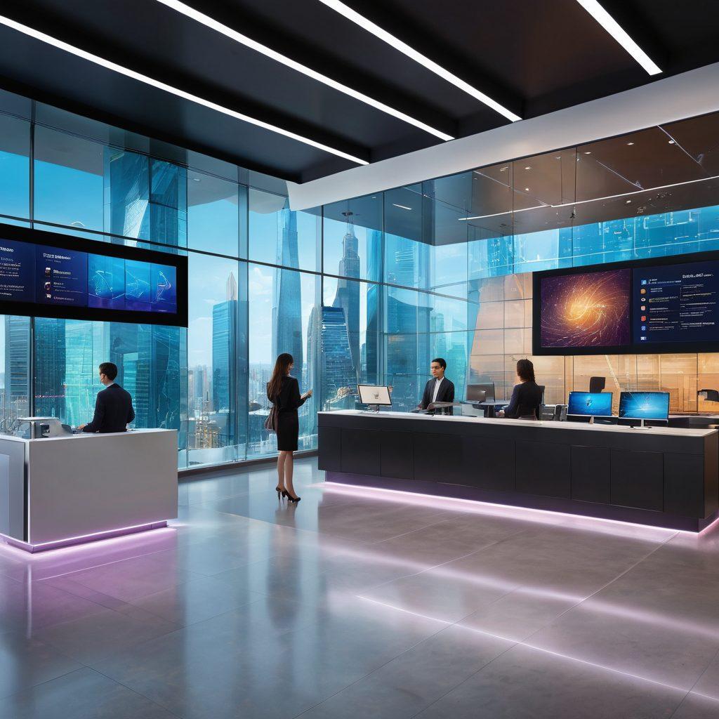 A high-tech bank setting with holographic screens and virtual assistants aiding diverse customers, all seamlessly interacting with digital interfaces. Bright futuristic cityscape visible through the windows, emphasizing transformation. Super-realistic. Vibrant colors.