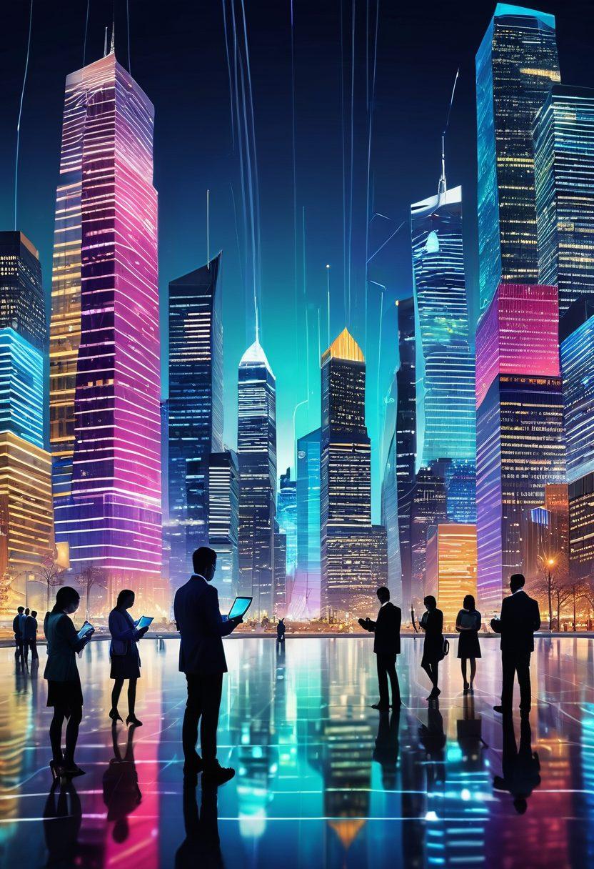 A bustling digital cityscape with skyscrapers made of financial symbols like coins, dollar signs, and tech icons. In the foreground, diverse individuals using tablets and smartphones engaged in banking activities. A digital river flowing, representing seamless financial transactions. Futuristic, clean lines and colors representing innovation and trust. 3D, vibrant colors, modern style.