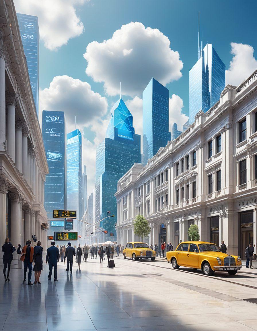 A futuristic cityscape with digital banks and holographic financial transactions, showing people using smartphones and laptops to manage their finances. Blend traditional bank buildings with modern technology icons like cloud services and digital currencies. Super-realistic. Vibrant colors. White background.